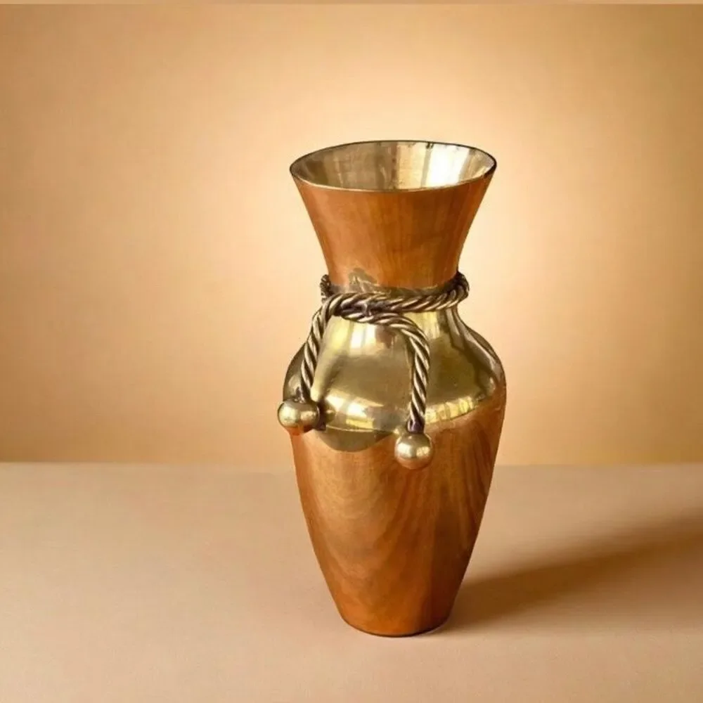 Vintage Solid Brass Bud Vase with Decorative Rope Tie Detail Gold 5.5 Inch‎